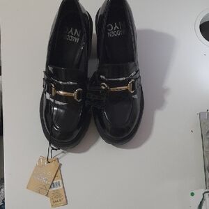 Madden NYC Black Patent Loafers with Gold Accent